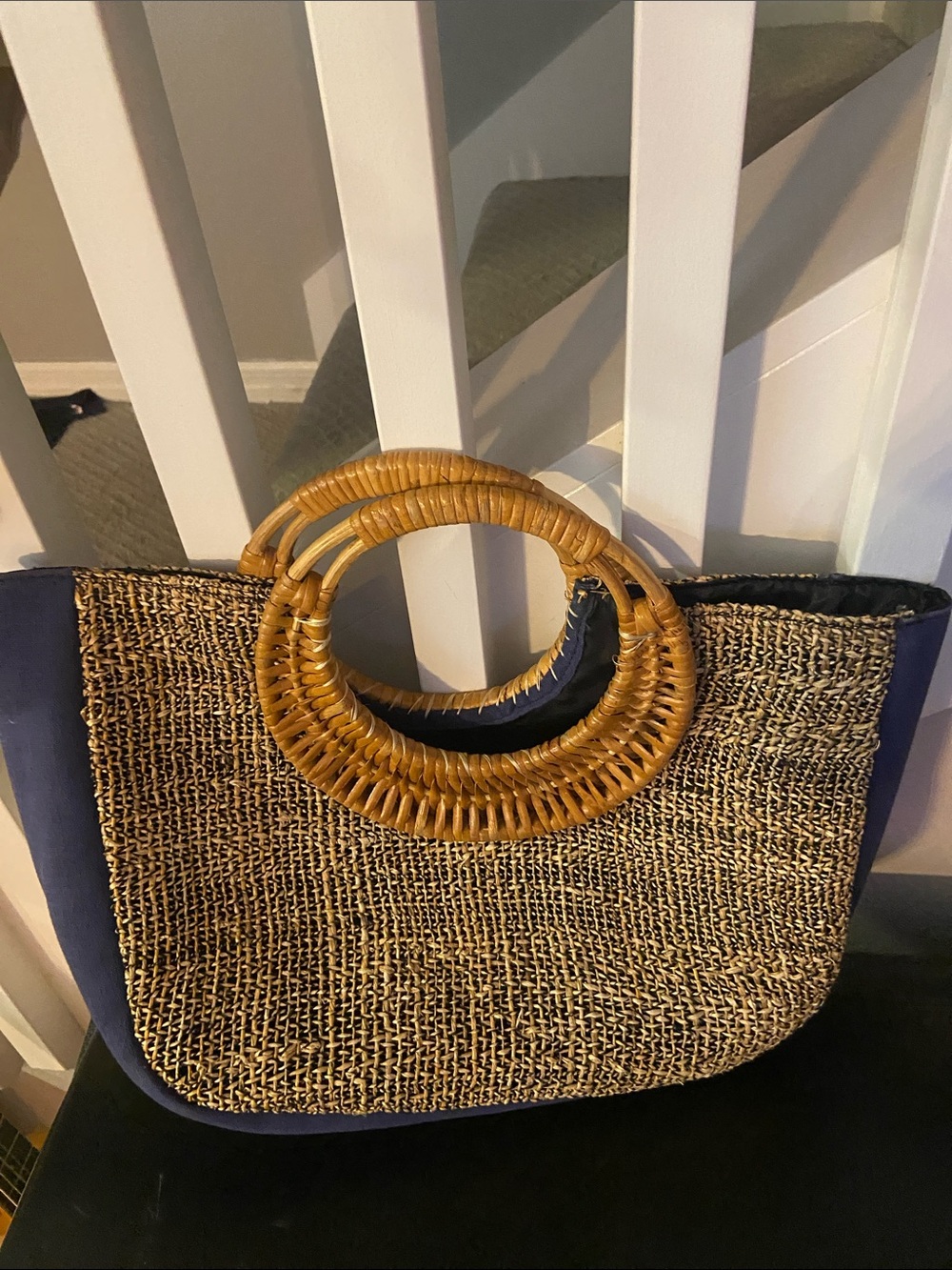 Woven Straw Tote with Round Rattan Handles - Navy Trim